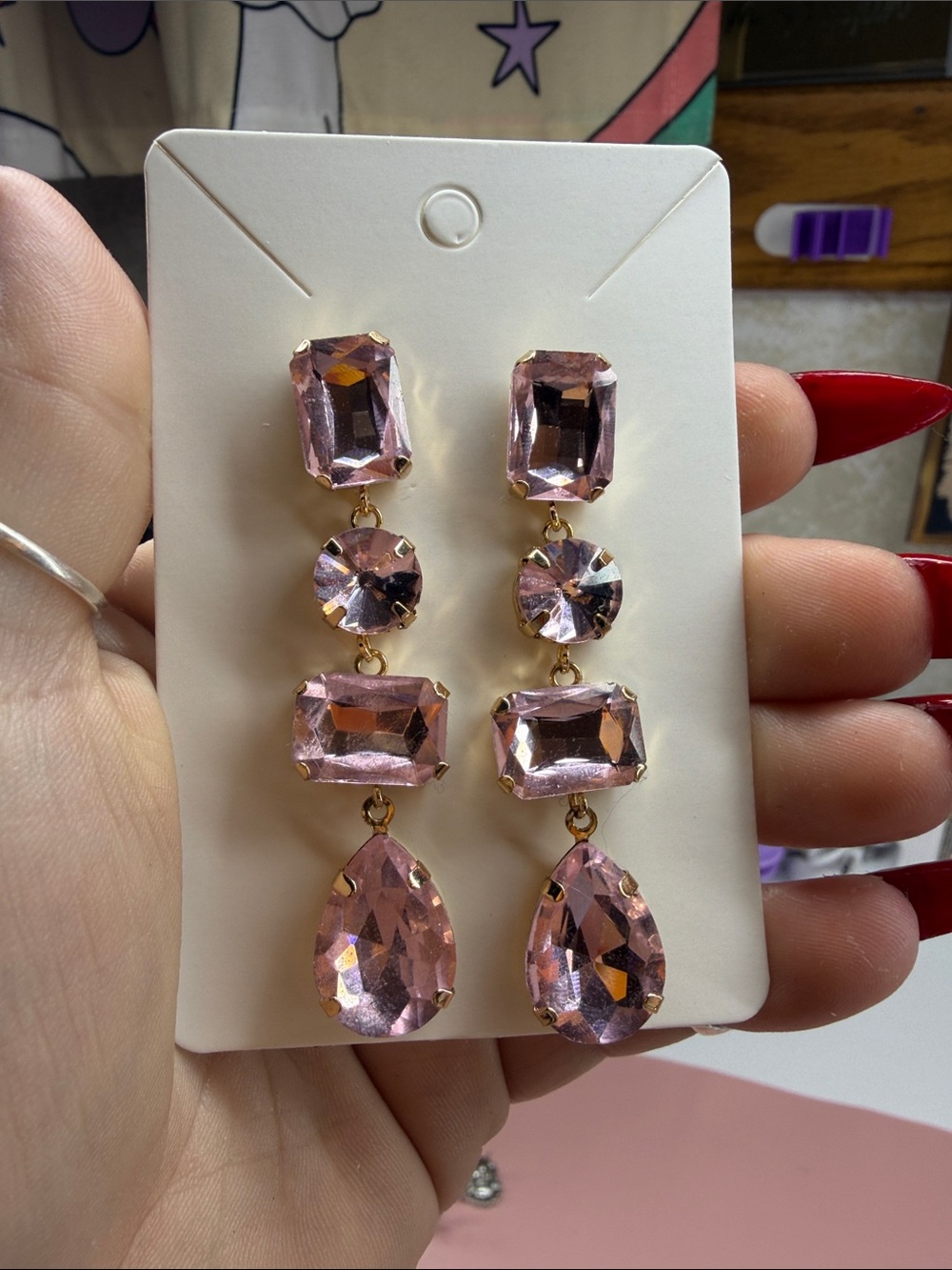 Pink Crystal Drop Earrings Like New